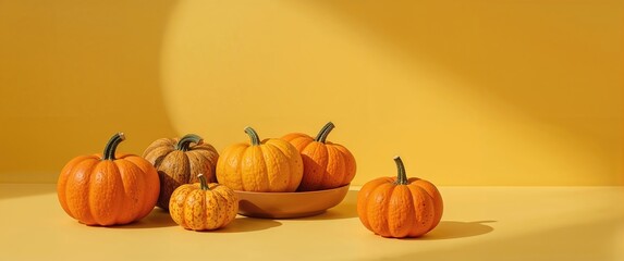 Assorted small pumpkins arranged on a yellow surface with warm lighting and a minimalist background
