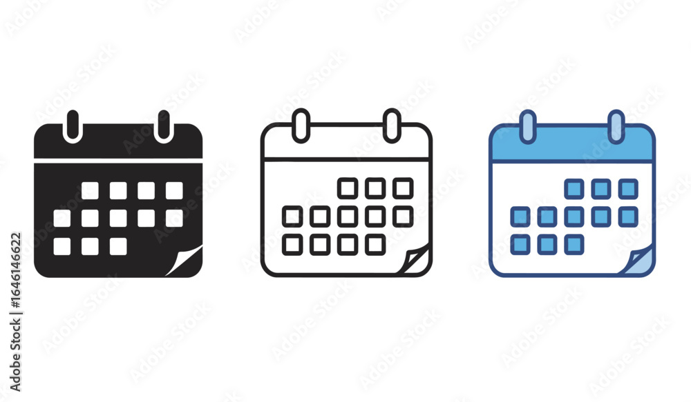 Poster calendar icon set in black outline and blue representing scheduling events dates and reminders for b