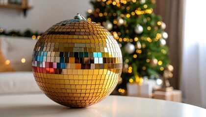 Disco ball on a table, Christmas tree in the background