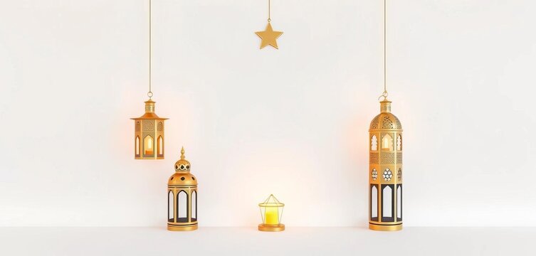Clean minimalist Islamic background; gold star, crescent moon, lanterns on white ,  digital,  Raya