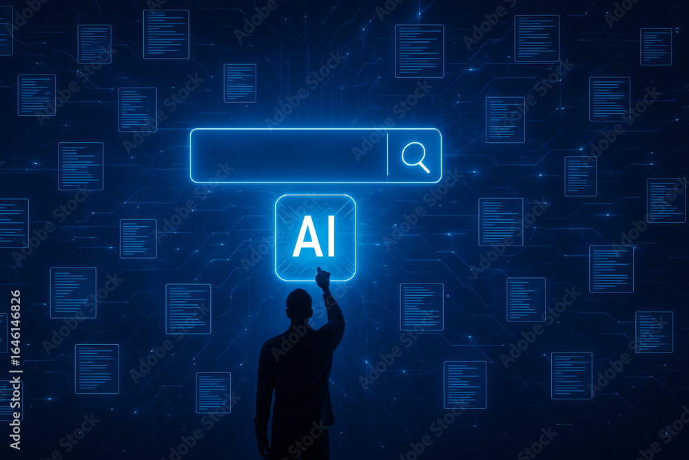 Poster person interacting with a glowing ai search bar in a digital data stream