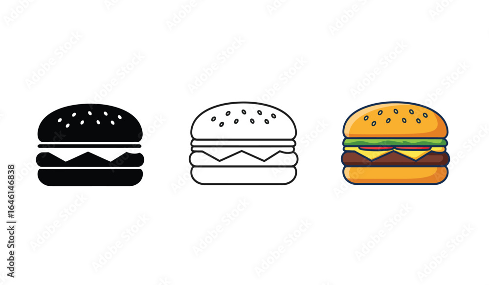 Poster three burger icons in different styles solid black outline and color illustration representing fast 