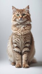 Fluffy tabby cat with green eyes sitting on a neutral background in a studio setting