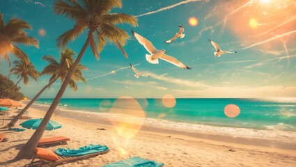 Beautiful tropical beach with palm trees and seagulls summer vacation travel destination wallpaper hd aesthetic on transparent background