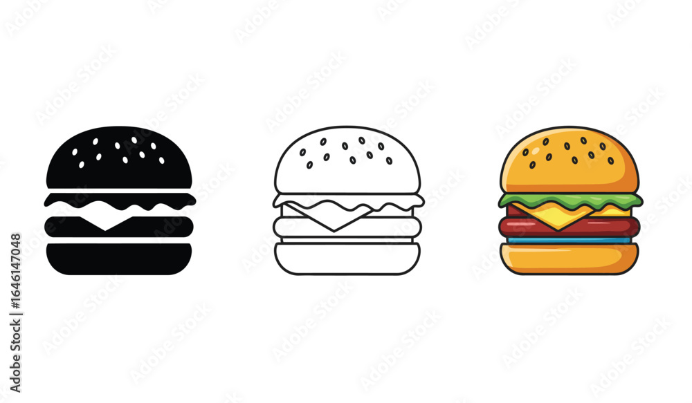 Poster burger icons in three styles solid outline and color representing different design options for fast 