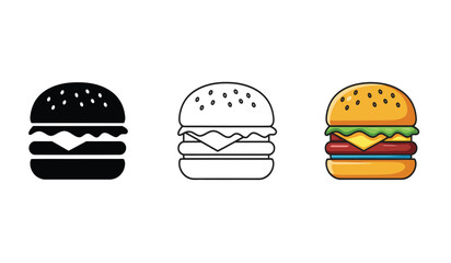 Burger Icons in Three Styles Solid Outline and Color representing different design options for fast food menus and promotional materials isolated on white