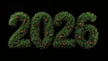 2026 written with green pine branches and decorated with pinecones on a black background