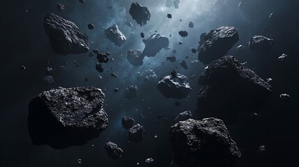 Awesome photo of collection of black rocks and meteorites floating in space.