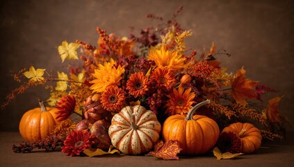 Autumn floral arrangement with pumpkins, chrysanthemums, and fall leaves on a brown background