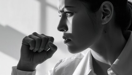 Thoughtful woman in black and white portrait with dramatic lighting and shadows