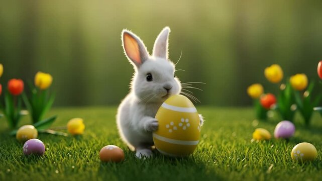 A cute rabbit carefully carries a decorated egg across a green spring lawn