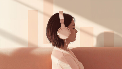 Woman wearing headphones sitting on a sofa in a minimalist interior with soft sunlight and abstract wall design