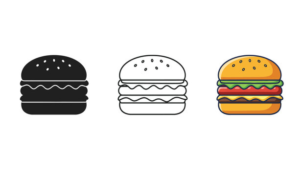 Three burger icons in black outline and color showcasing different design styles for fast food restaurants and menus on a white background