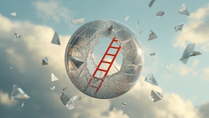 Red ladder breaking through a glass sphere surrounded by shattered glass pieces against a cloudy sky