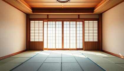 Empty tatami room, sliding doors, natural light,  zen,  minimalist
