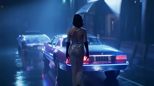 A person in a shimmering backless gown and gloves walks towards a classic car on a wet street at night, illuminated by blue and purple neon lights.
