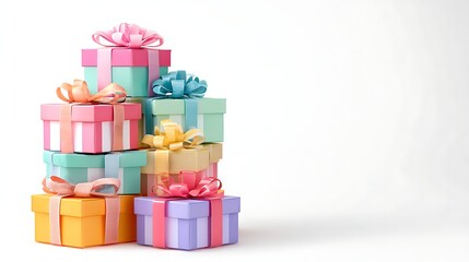 Awesome photo of vibrant stack of colorful gift boxes with festive ribbons against a white background.