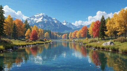Scenic autumn landscape with colorful trees, calm river, and snow-capped mountains under a clear blue sky