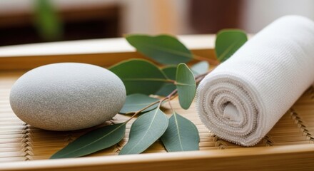Smooth grey stone eucalyptus leaves and rolled white towel on bamboo tray wellness relaxation