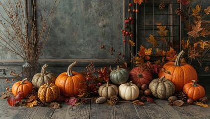 Autumn still life with pumpkins, fall leaves, pinecones, and rustic decor on a wooden surface