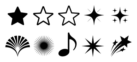 Black star shapes and musical note graphic design elements vector