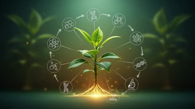 Green Plant with Circular Life Cycle Diagram on Dark Green Background Highlighting Agricultural Science and Growth Process