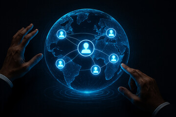Futuristic global network connecting people with digital interface