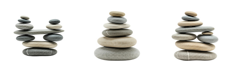 Balancing serenity stone stacking art tranquil environment nature minimalist viewpoint. Set cut out PNG