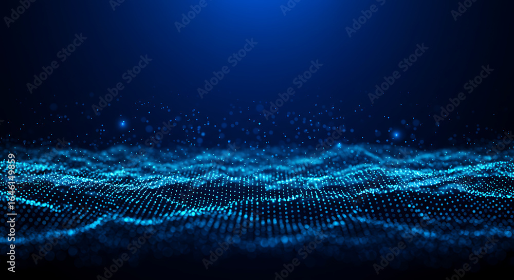Poster abstract blue digital particle wave background with dynamic light effects