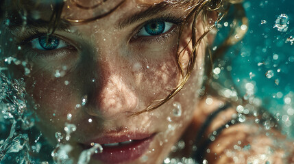 underwater portrait of a woman with bubbles and sparkling light