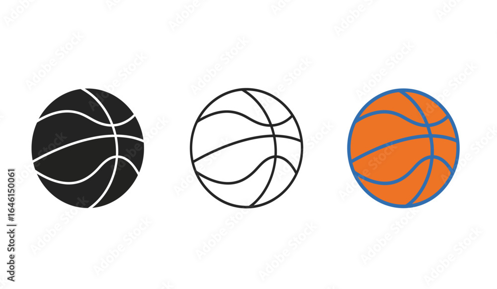 Poster three basketball icons representing different styles filled outline and colored showcasing versatili