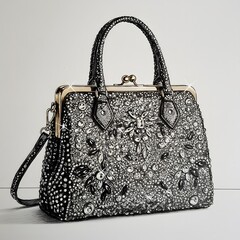 Elegant black handbag adorned with beads and crystals on display  