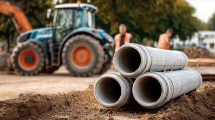 Neatly buried water pipes in the ground, surrounded by workers and tractors, create a busy atmosphere under daylight