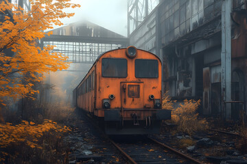 Rustic charm of abandoned industrial railway with vintage train in autumn