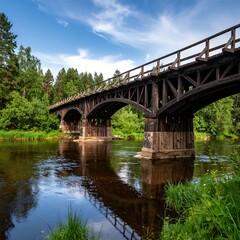 Fototapeta premium Old wooden bridge over river