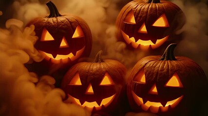 Spooky Halloween jack o lanterns with scary face carved out of pumpkins and surrounded by glowing smoke loop - Powered by Adobe