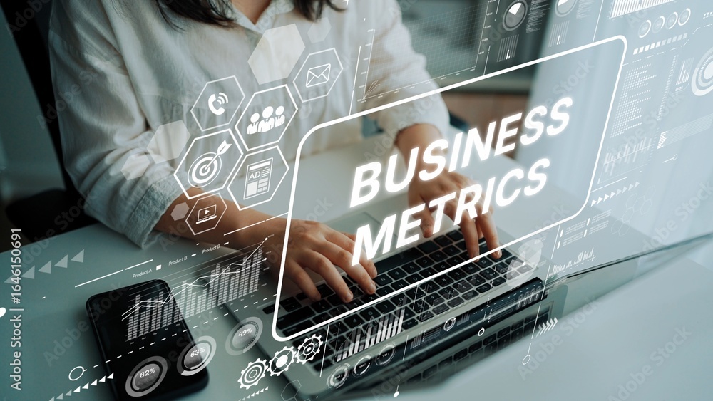 Poster Business Metrics Analysis with Digital Interface and Laptop in Modern Workspace. Asymptotic smart data analytic.