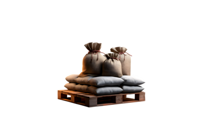 Securely stacked burlap sacks and sandbags on a wooden pallet, ready for transport or protection, conveying reliability and preparedness. Isolated to Transparent Background