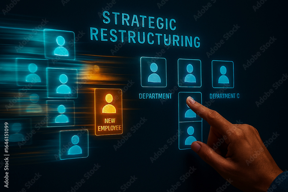 Poster hand pressing a digital interface button on a futuristic touchscreen