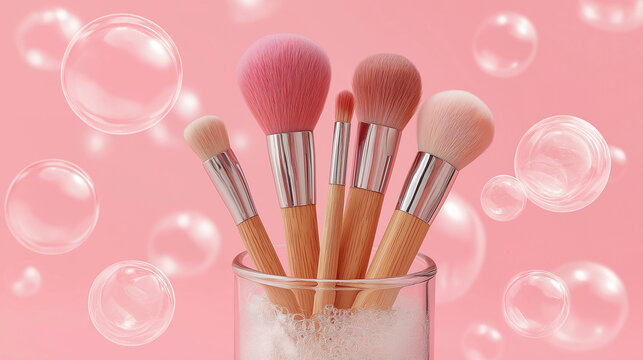 Makeup brushes with bubbles on pink background
