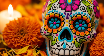 Close up of a sugar skull surrounded by orange marigolds and a lit candle on a dark surface