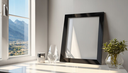 Empty Picture Frame Mockup on Window Sill with Mountain View