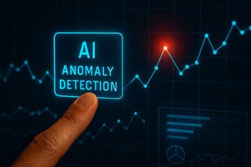 Finger points to ai anomaly detection on a digital screen with data graphs