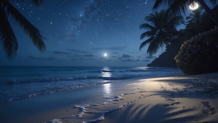 Night beach scene with moon and stars wallpaper for phone background and desktop wallpaper hd quality on transparent background