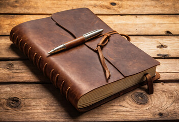 Leather Journal and Pen on Wood