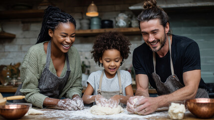 Smiling multicultural family bakes together in a cozy kitchen. Parents and child laugh while kneading dough, creating joyful memories and homemade treats.