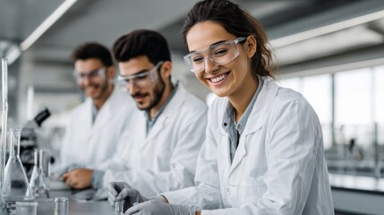 Group of diverse students in lab coats working on science experiments in a modern laboratory, smiling and collaborating in a scientific environment.