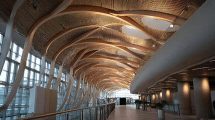 Modern Building Interior with Intricate Wooden Ceiling and Warm Lighting