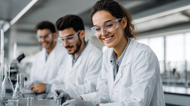 Group of diverse students in lab coats working on science experiments in a modern laboratory, smiling and collaborating in a scientific environment.