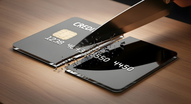 A credit card being cut in half with a knife, representing financial struggle and debt.